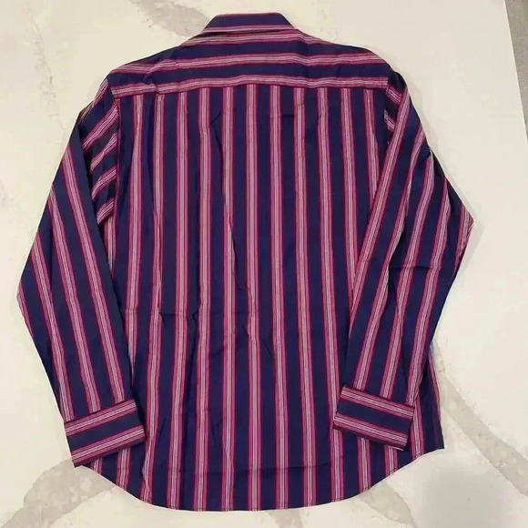 Bugatchi Uomo NWT Blue Pink Striped Dress Button Down Shirt Shaped Fit Men Large - Picture 7 of 9